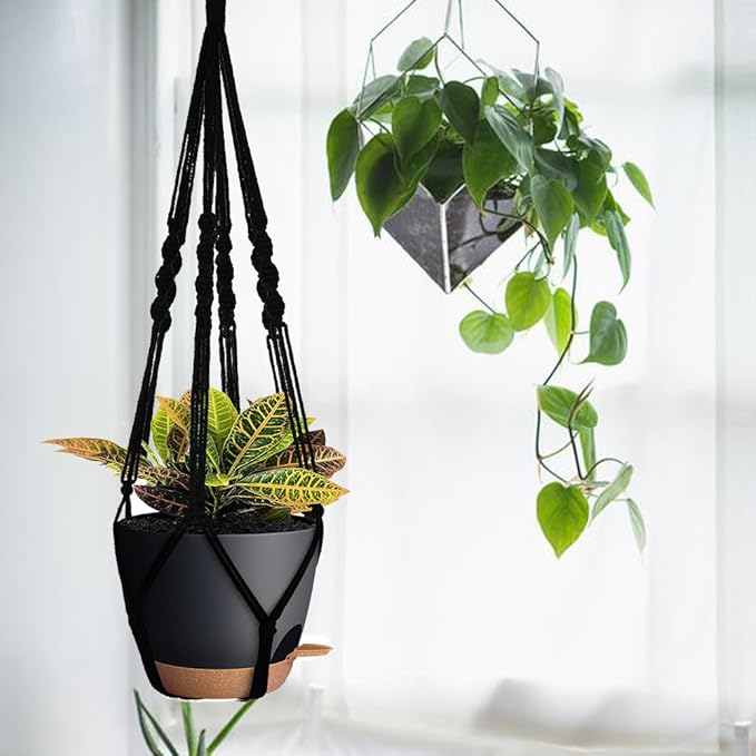 3 Pack Self Watering Hanging Planters Macrame Plant Hangers with Indoor Flower Pots, 3 Different Size Hanging Basket, Plant Hanger with Hooks for Garden Home Decor Black Bouqlife