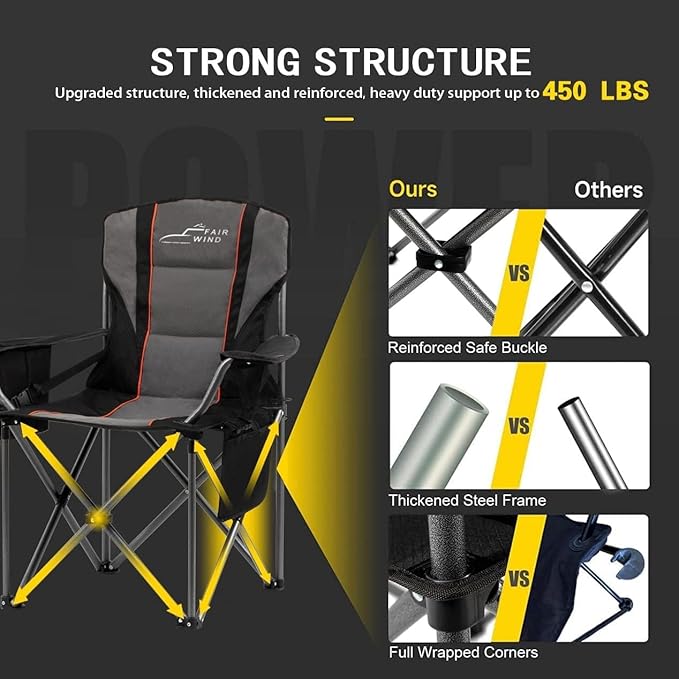 FAIR WIND Heavy Duty Camping Chair, Oversized Padded Folding Chair for Big and Tall (450lbs), Extra Wide Seat with Integrated Cooler & Storage Pocket, Adjustable Lumbar Support for Outdoor FAIRWINDOutdoorEquipment