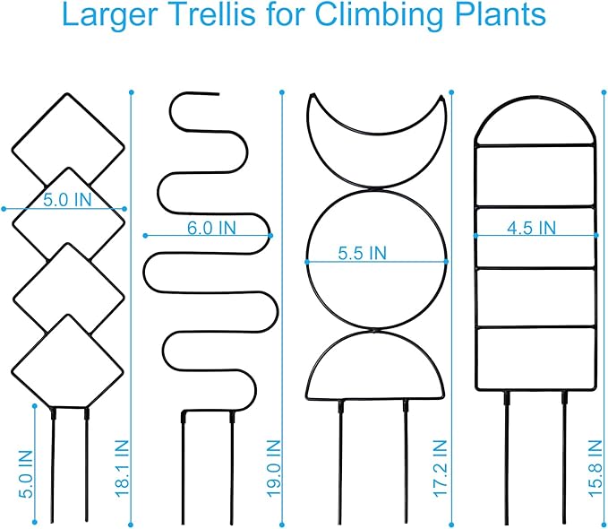 4 Packs 19 in Heighten Trellis for Climbing Plants Indoor, HENABLE Small Garden Metal Trellis for Potted Plants Outdoor for Vine Ivy Flower Plant Support, 4 Different Black Iron Patterns HENABLE
