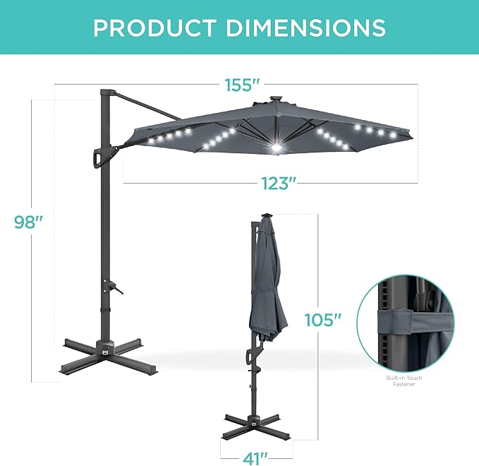 Best Choice Products 10ft Solar LED Cantilever Patio Umbrella, 360-Degree Rotation Hanging Offset Market Outdoor Sun Shade for Backyard, Deck, Poolside w/Lights, Easy Tilt, Cross Base BestChoiceProducts