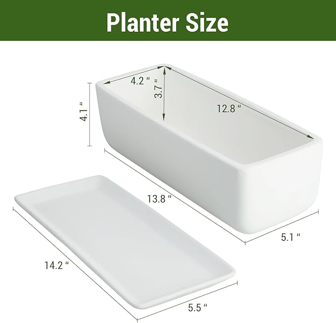 MyGift 14 Inch Ceramic Indoor Plant Pot with Drainage Hole, Rectangular Succulent Planter Window Box with Removable Saucer, Unglazed White MyGiftHome