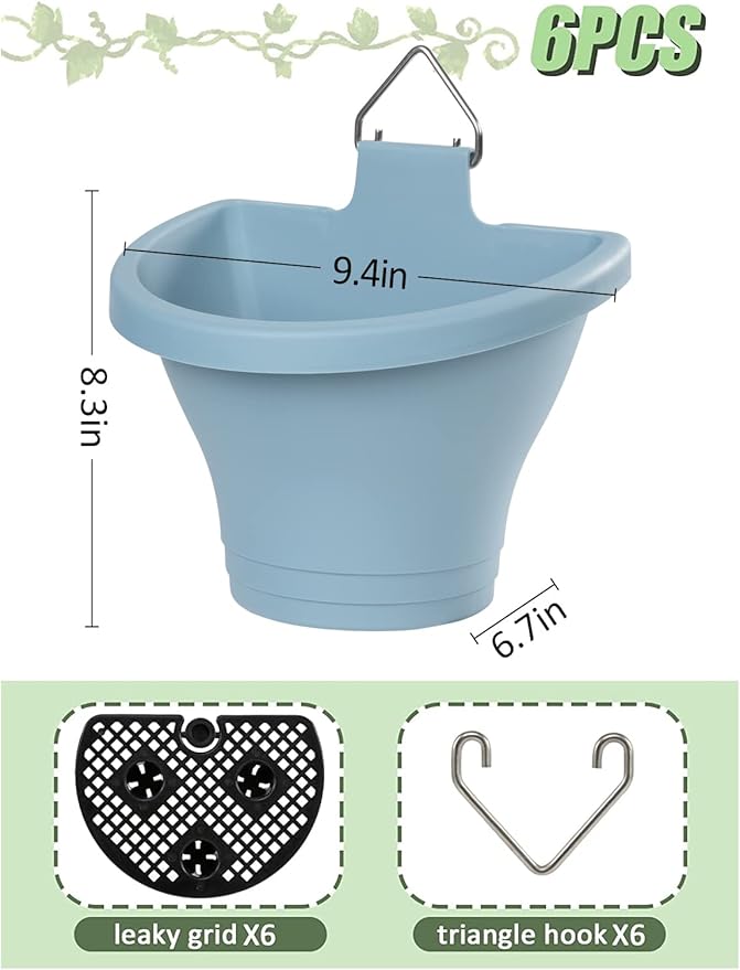 MADHOLLY 6Pcs Vertical Hanging Planters for Outdoor Plants - Wall Plant Holder for Indoor Decorations Garden Fence, Plastic Flower Pots with Drainage Grid and Hooks (Blue) MADHOLLY