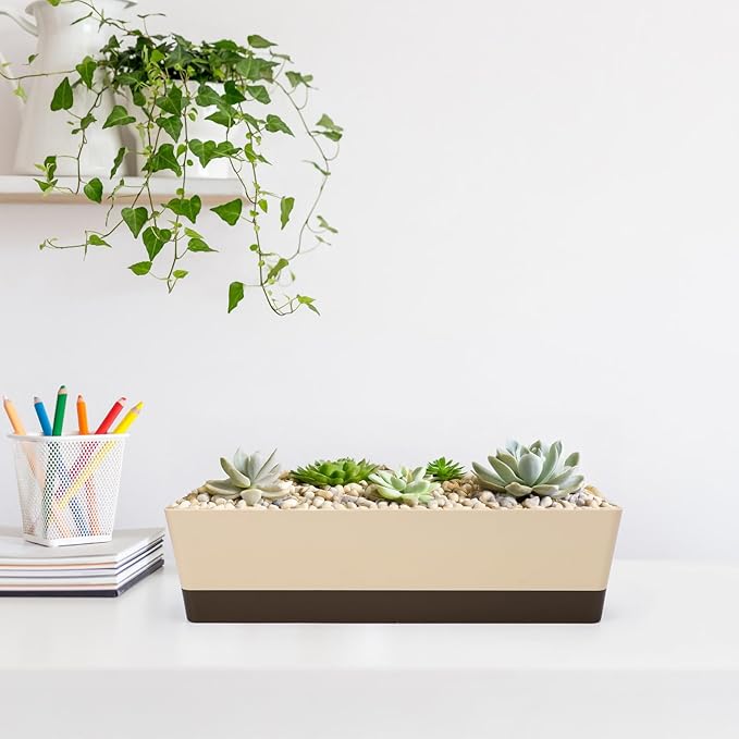 GREANER Window Boxes, 1 Pack 16 x3.8 Inch Indoor Rectangle Planter, Herb Succulent Cactus Window Box with Saucer, Modern Plastic Plant Pot for Windowsill, Garden Balcony, Home Office Outdoor Decor GREANER