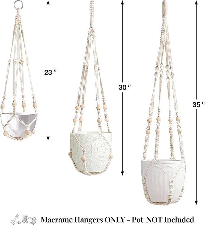 3 Pack Macrame Plant Hanger Indoor 3 Different Sizes Hanging Planter Basket Flower Pot Holder with Wood Beads & No Tassels for Boho Home Decor, 23, 30, 35 Inch, Ivory (Pot Not Included) Rootora