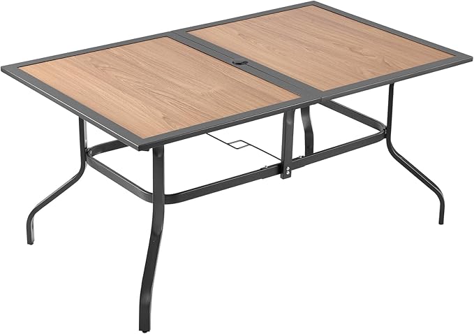 VEVOR Outdoor Patio Dining Table, 59 inch Long Rectangular Wood-Like Steel Slat Backyard Bistro Tables for 4-6, with 1.5 in Umbrella Hole, All-Weather Large Furniture for Lawn Garden Porch, Brown VEVOR