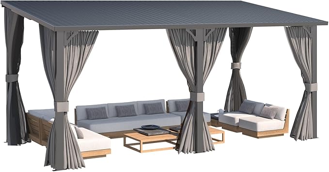 AECOJOY 16'x8' Outdoor Hardtop Metal Gazebo with Curtain and Netting for Patio, Large 8x16 Lean to Wall Mounted Pergolas and Grill Gazebos Clearance, Heavy Duty Galvanized Steel Roof Awnings for Decks AECOJOY