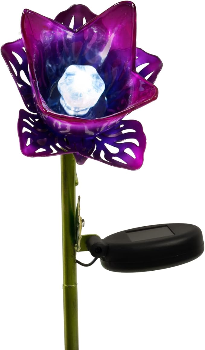 Crosslight Glass Flower Solar LED Waterproof Outdoor Garden Stake - Decorative Electronic Light Garden Decor for Yard, Lawn, Patio, Deck, Pathway, Pond, Backyard (Purple) Crosslight