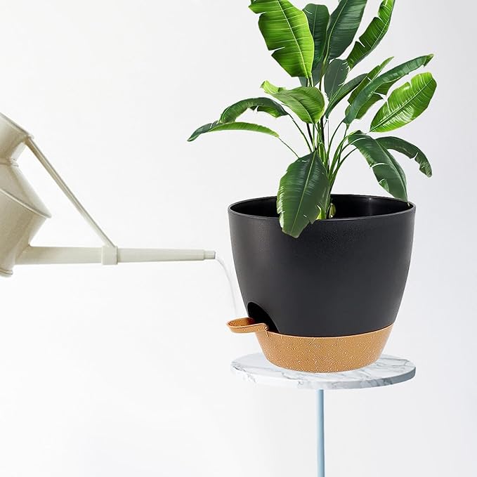 Large Self Watering Planters Plant Pots Outdoor 9/10/12 Inch for All House Plants Black Plastic Flower Pots with Drainage Hole Flower Pots for Indoor Plants Gift Idea for Home Decor SESUN-E