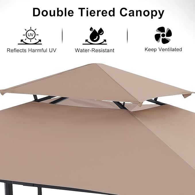 ABCCANOPY Grill Gazebo with 2 Side Awnings - 14x5 Outdoor BBQ Canopy Shelter with 2 Led Lights for Patio Backyard Grilling (Khaki) ABCCANOPY