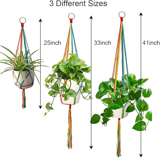 Rainbow Macrame Plant Hangers Indoor Outdoor, 3 Pack Different Size Flower Pot Holder Hanging Plant Holder for Windows Garden Boho Home Decor HOWMAX