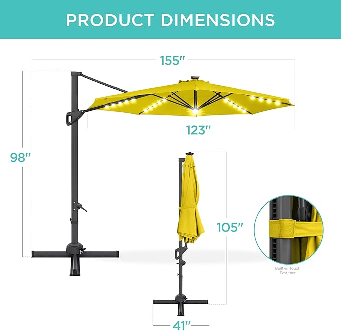 Best Choice Products 10ft Solar LED Cantilever Patio Umbrella, 360-Degree Rotation Hanging Offset Market Outdoor Sun Shade for Backyard, Deck, Poolside w/Lights, Easy Tilt, Cross Base BestChoiceProducts