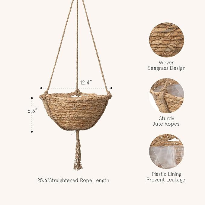 Natural Seagrass Hanging Planter Basket Set, Indoor Plant Pots, Boho Decor Plant Pot Cover, 12.4 (D) 6.3 (H) Inch, Pack 2 LaJol%C3%ADeMuse