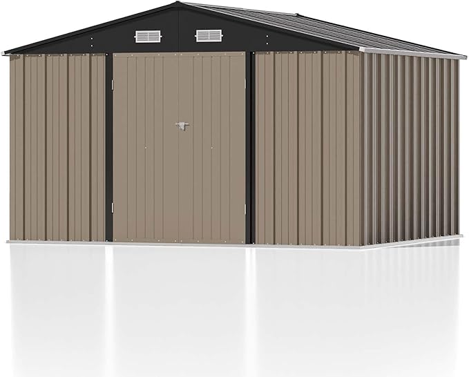 Patiowell 10 x 8 FT Outdoor Storage Shed, Large Garden Tool Metal Shed with Sloping Roof and Double Lockable Door, Outdoor Shed for Backyard Garden Patio Lawn, Brown Patiowell