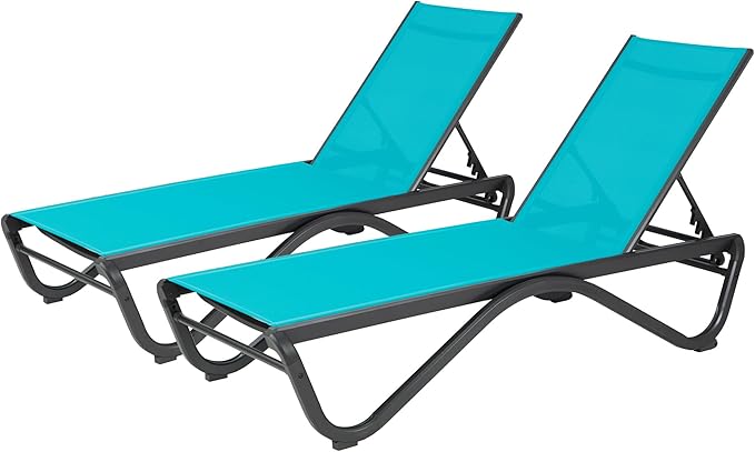 Kozyard Outdoor Chaise Lounge Chair, Full Aluminum Frame, Adjustable Reclining Patio Lounger for Poolside, Sunbathing & Backyard, Textilene (Aqua, 2Chairs) Kozyard