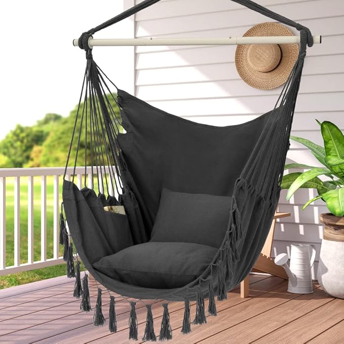 Y- STOP Hammock Chair Hanging Rope Swing, Max 500 Lbs, 2 Cushions Included, Large Macrame Hanging Chair with Pocket, Cotton Weave for Superior Comfort, Durability (Dark Grey) Y-STOP