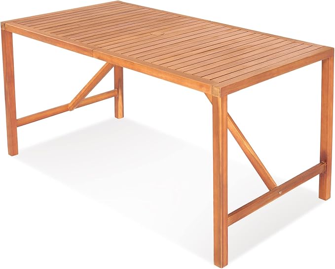 Tangkula 55" Acacia Wood Outdoor Dining Table for 4-6 Person, Rectangular Patio Dining Table with 2" Umbrella Hole and Support Bars, Indoor Outdoor Dining Furniture for Deck, Garden, Poolside & Yard TANGKULA