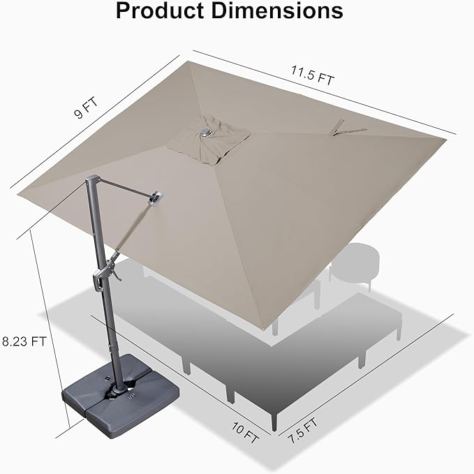 PURPLE LEAF Patio Umbrella 9' X 11.5' Rectangle Cantilever Umbrella Large Aluminum Outdoor Umbrellas with 360-degree Rotation & UPF40+ Premium Fabric for Deck Pool Garden Yard, Ash Mocha Rootora