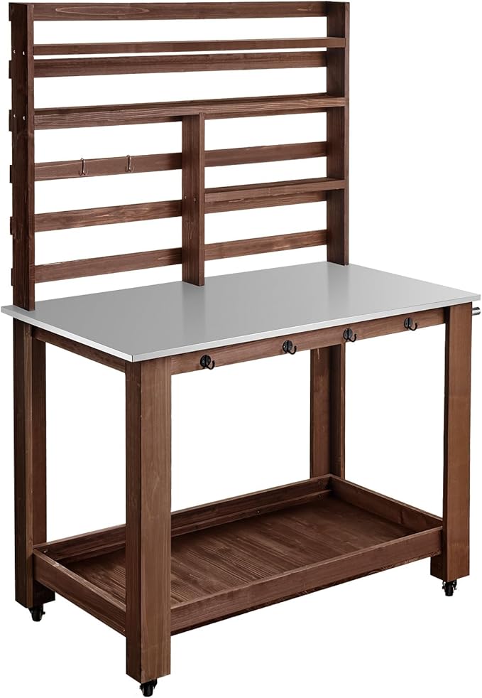 VEVOR Potting Bench Table, Outdoor Gardening Workstation with 45 x 26 in Stainless Steel Tabletop, Storage Shelves, 4 Casters, Hooks, Garden Planting Work Station for Outside Patio, Backyard, Brown VEVOR