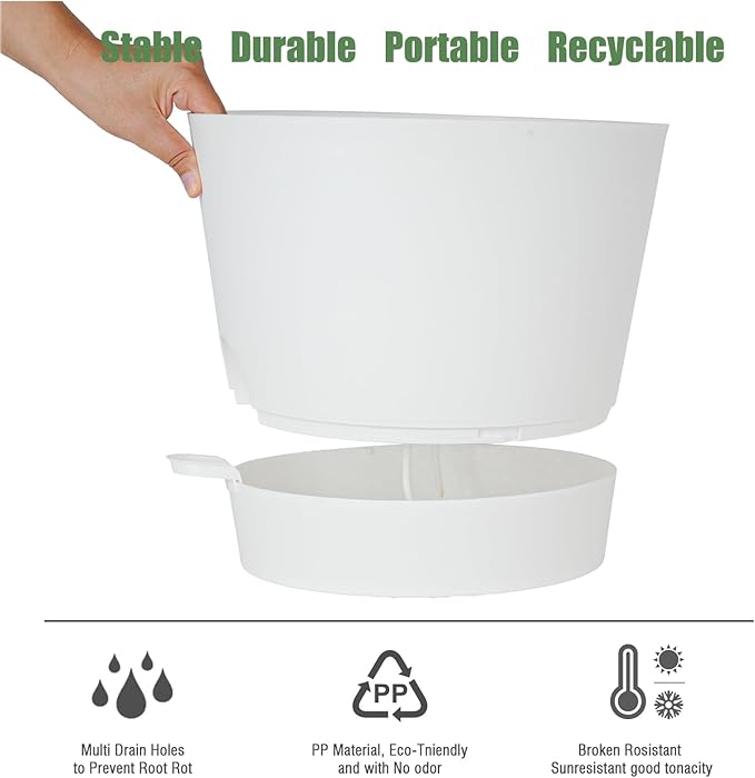 12inch Large Self Watering Plant Pot, Plastic Cylinder Planter with 60Oz Deep Reservoir and Saucer for Indoor Outdoor Plants Flowers Houseplants, White SwinDuck
