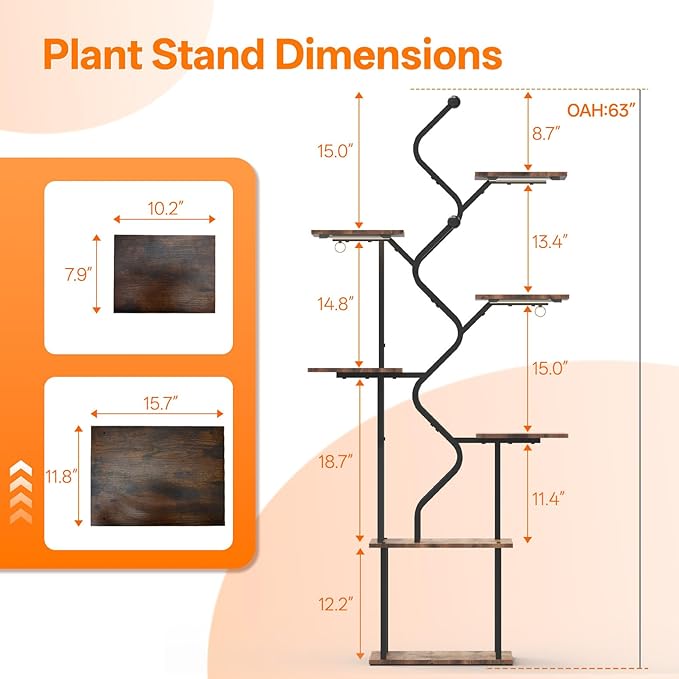Bstrip 63 Inch Plant Stand with Grow Light, 7-Tier Indoor Plant Shelf with Hanging Hooks, Decor Corner Plant Stand for Living Room & Patio, Black Bstrip