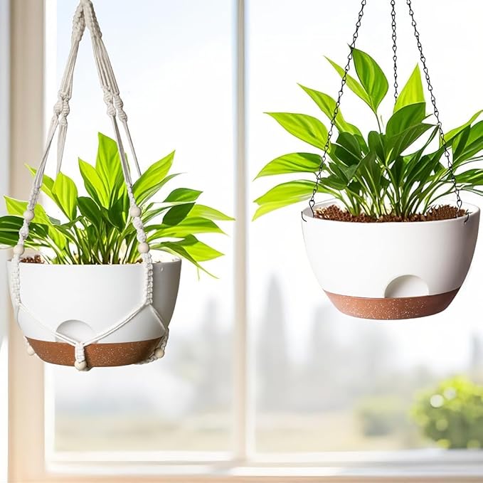 12 Inch Hanging Baskets for Plants Outdoor, Hanging Planters for Indoor Outdoor Plants, Hanging Planter with Self Watering, Hanging Flower Pots (White Planter with Macrame + Iron Hangers) LesOasis