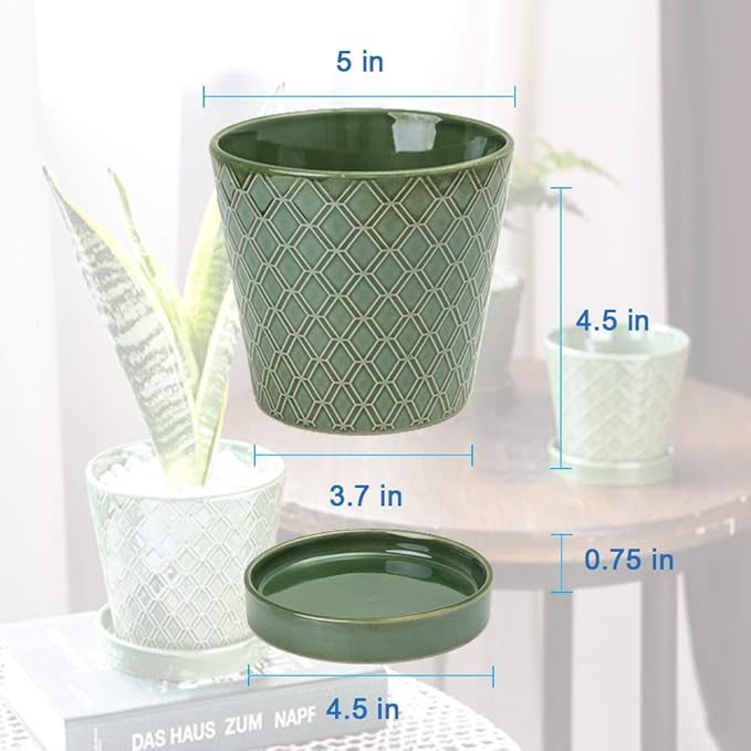 BUYMAX Plant Pots Indoor –5 inch Ceramic Flower Pot with Drainage Hole and Ceramic Tray - Gardening Home Desktop Office Windowsill Decoration Gift, Set of 4-Plants NOT Included (Patina) BUYMAX