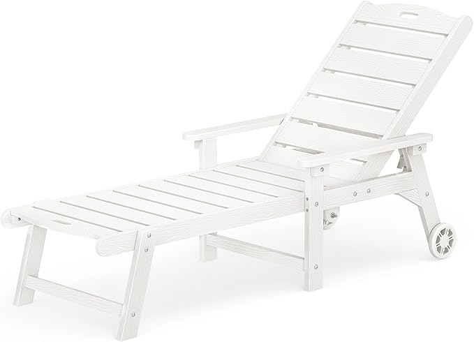 LUE BONA Outdoor Chaise Lounge, HDPS Chaise Lounger, 5 Positions Adjustable Lounge Chairs, Pool Lounge Chair with Wheels for Poolside, Backyard, White LUEBONA