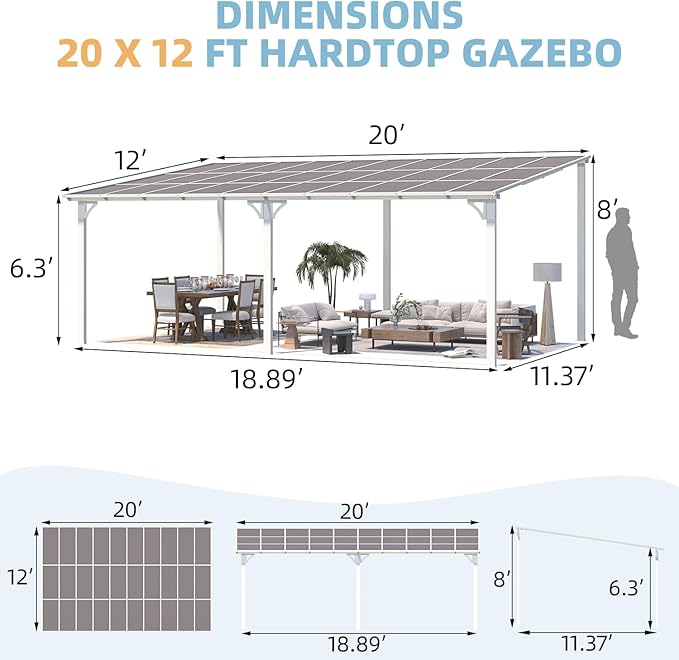 AECOJOY 20' x 12' White Gazebo Pergola, 12x20 Large Wall Mounted Lean to Pergolas and Gazebos on Clearance with Patio Roof, Outdoor Patio Metal Awnings for Decks, Porch, Backyard AECOJOY