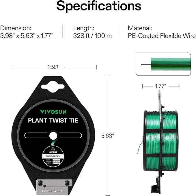 VIVOSUN Twist Ties, 328 ft (100m) PE-Coated Green Plant Ties with Cutter, Reusable & Flexible Tomate Ties for Plant Support, Indoor Outdoor Gardening, Cable Management, Home Office Organization VIVOSUN