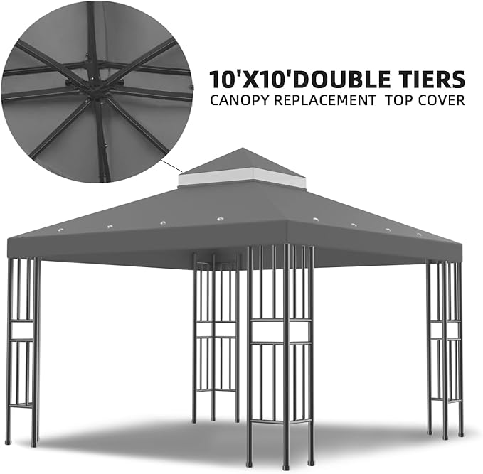 Sumfaller 10x10 FT Gazebo Replacement Canopy Top Cover Double Tiered Canopy Top Cover for Outdoor BBQ Roof Cover Grill Shelter (Grey) Rootora
