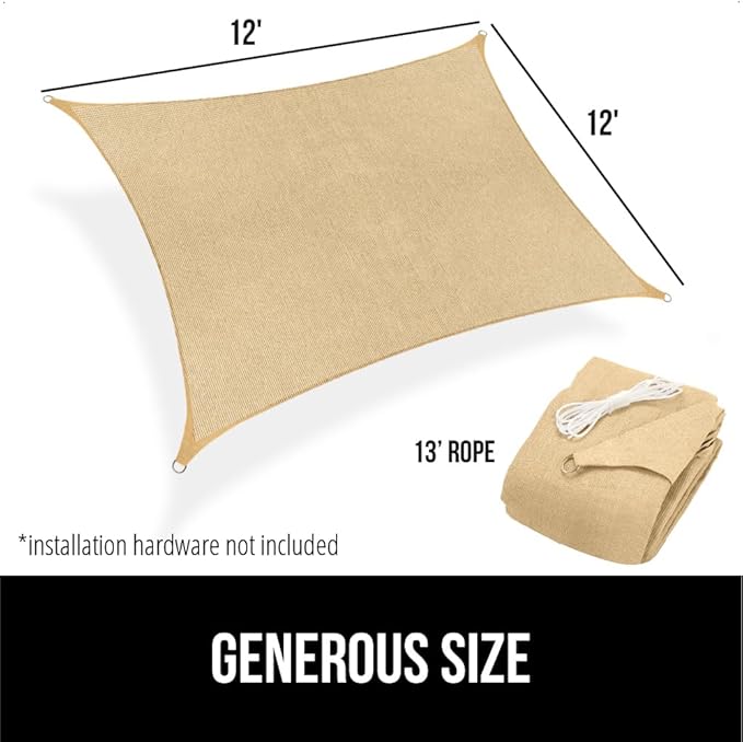 GORILLA GRIP Heavy Duty Sun Shade, UV Protection Fade Tear and Rust Resistant Rectangle Sunshade Canopy, Curved Edges Blocks Sunlight, Breathable Sail, Outdoor Patio, Lawn Garden 12x12 FT Sand GorillaGrip