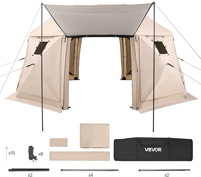 VEVOR Pop up Gazebo Screen Tent, 15 x 15 ft, 13-Sided Spherical Camping Canopy Tent with Removable Top & Carry Bag, Quick-Set & Bite-Proof, Screen House Sun Shelter for 12-15 Persons, Beige VEVOR