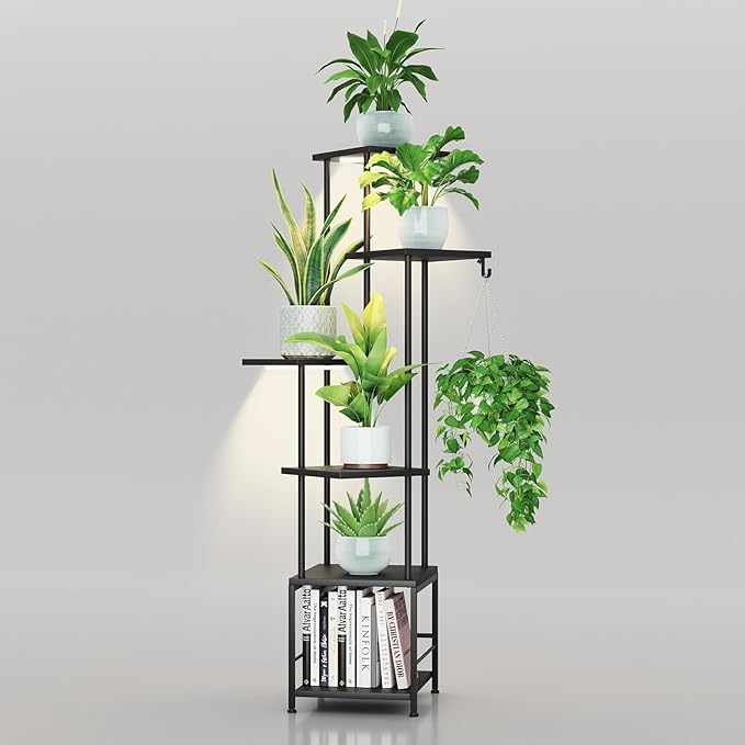Plant Stand Indoor with Grow Light, 6-Tiered Tall Plant Stand Indoor, Metal Plant Shelf with Hanging Basket Hook and Adjustable Light, Ideal for Living Room, Garden, Patio, Black Homsorout