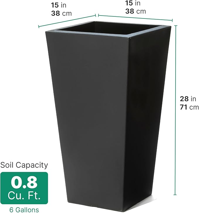 Step2 Tremont Tall Square Tapered Planter, 28", Indoor/Outdoor Plants, Efficient Drainage, Durable Resin, Onyx Black Step2