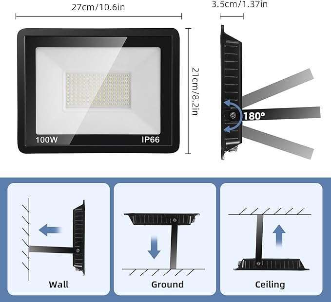 100W Flood Lights Outdoor,12000LM Bright LED Work Light,IP66 Waterproof Outdoor with Switch and 6.5FT Plug,6500K Daylight White Outside Lights for Yard,Garage,Garden,Stadium(2 Pack) Rootora