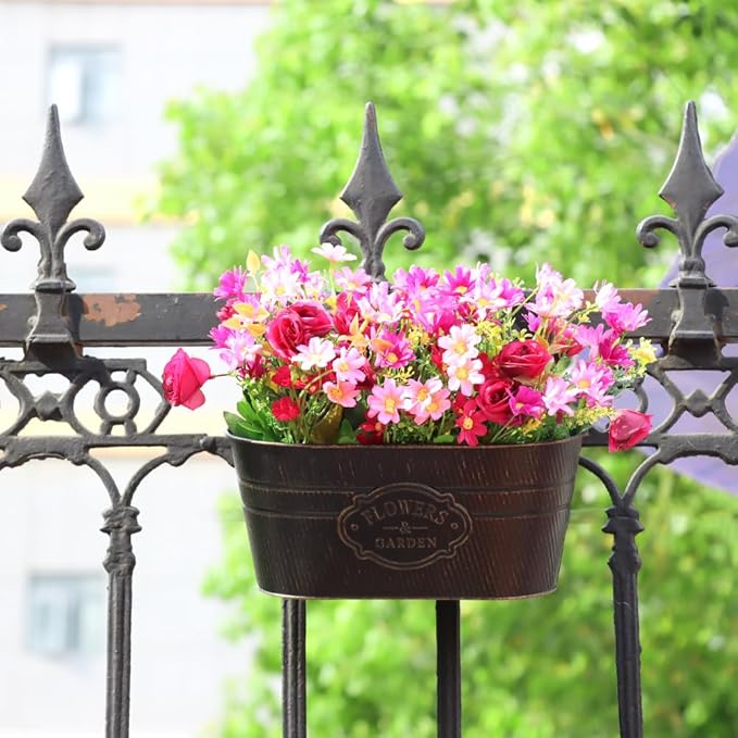 3 Pack Metal Railing Planters, 10.5" Oval Hanging Flower Pots with Detachable Hooks & Drainage Holes, Fits Rails up to 2.36", Galvanized Iron Fence Bucket for Balcony Garden Patio - Letter Black MeltsetM