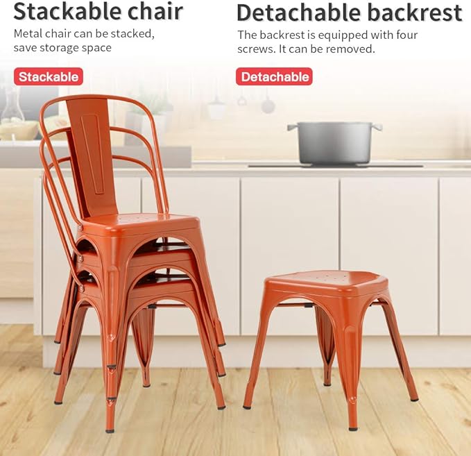 FDW | Set of 4 Metal Dining Chairs | Orange | Stackable Tolix Side Chairs with Backrest | Scratch-Resistant | Non-Slip Feet | Indoor/Outdoor Use | 330 lbs Capacity | Ideal for Kitchen & Restaurant FDW