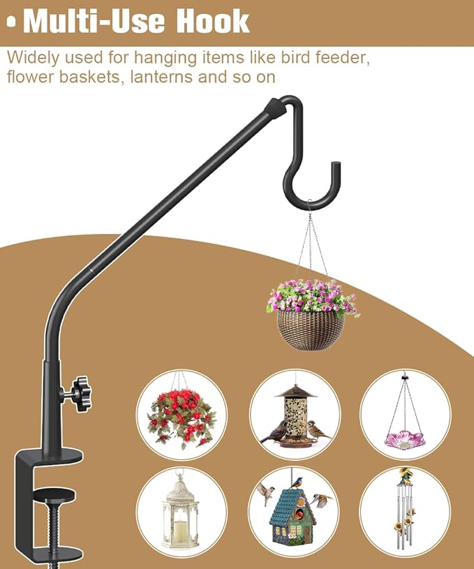 20 Inch Extended Reach Deck Hook Hanger for Railing, Heavy Duty Outdoor Plant Hook Holder for Hanging Bird Feeder Pole Deck Hanger Flower Basket Planter or Lanterns, Wind Chimes, 1 Pack Tuohours