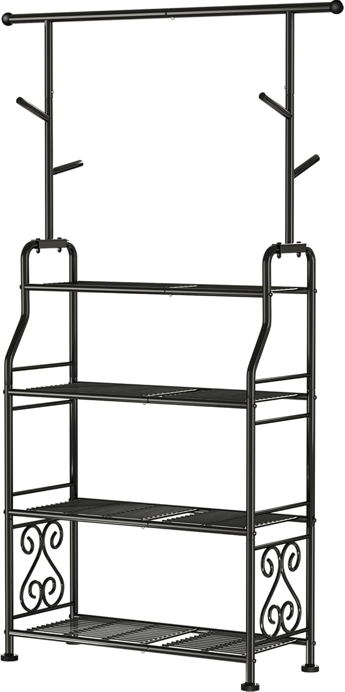 GIOTORENT Plant Stand Indoor Outdoor, 4-Tier Heavy Duty Metal Shelves, Display up to 17 Multiple Plants, Tall Plant Holder with Plant Hanger, Suit for Patio Living Room Garden Balcony, 5 Hooks, Black GIOTORENT
