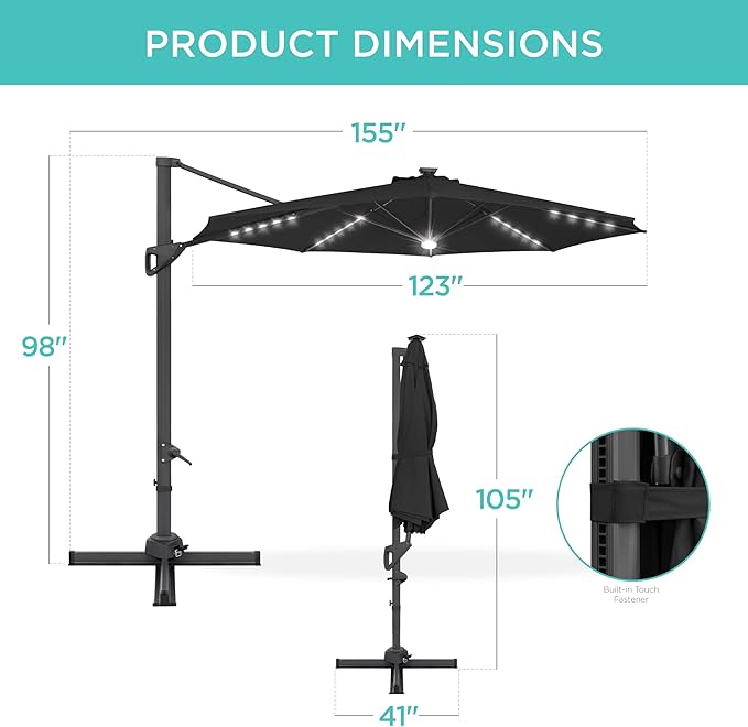 Best Choice Products 10ft Solar LED Cantilever Patio Umbrella, 360-Degree Rotation Hanging Offset Market Outdoor Sun Shade for Backyard, Deck, Poolside w/Lights, Easy Tilt, Cross Base BestChoiceProducts