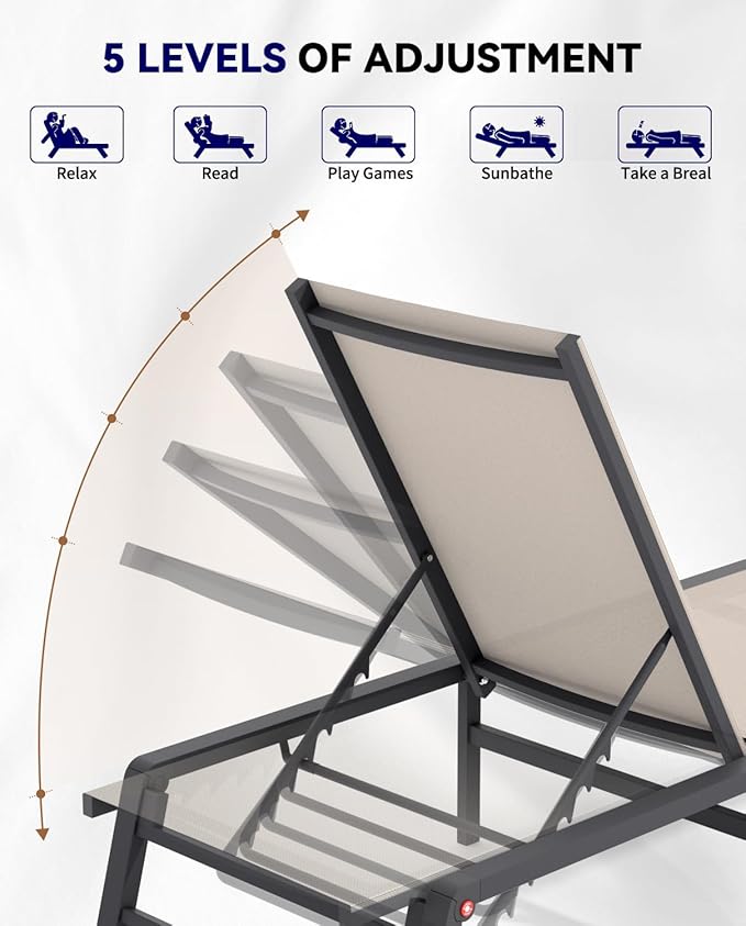 Aluminum Chaise Lounge Chair Outdoor, Foldable Patio Lounge Chair Assemble-Free, Pool Lounge Chairs with 5 Adjustable Backrest, Outdoor Lounge Chairs for Outside Poolside Beach Lawn Grey Rootora