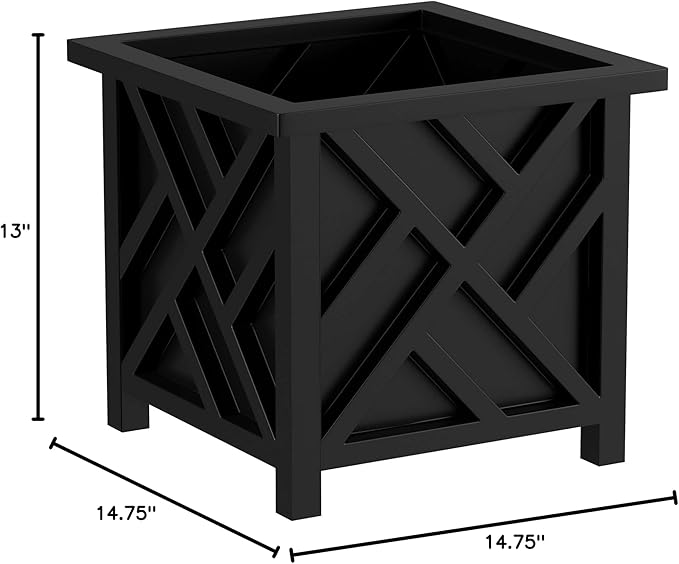 Lattice Design Outdoor Planter Box - 14.75” Square 13” Tall Black Plant Pot - Decorative Plant Pots for Front Porch Decor - Flower Pots Outdoor Planters for Porch Patio or Garden Decor by Pure Garden PureGarden