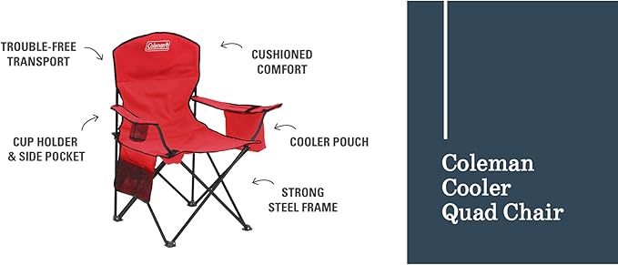 Coleman Portable Camping Chair with 4-Can Cooler, Cushioned Seat & Back with Side Pockets & Cup Holder, Carry Bag Included, Great for Camping, Tailgating, Firepits, Patio, & More Coleman