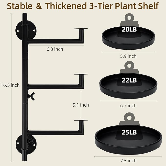 Rotating Window Plant Shelves with Adjustable Knobs, 3 Tiers Metal Wall Shelf for Plants Indoor, Sturdy Hanging Plant Holder, Window Wall Decor & Gardening Gifts (Black) Rootora