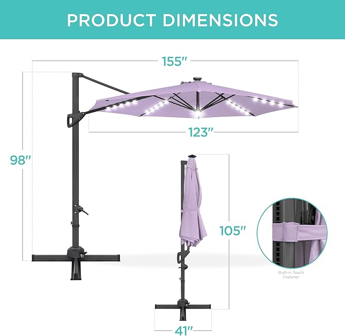 Best Choice Products 10ft Solar LED Cantilever Patio Umbrella, 360-Degree Rotation Hanging Offset Market Outdoor Sun Shade for Backyard, Deck, Poolside w/Lights, Easy Tilt, Cross Base BestChoiceProducts