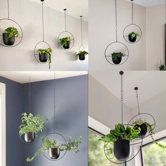 2 Pcs Hanging Planters for Indoor and Outdoor Plants with Hooks and Chains, Metal Modern Wall Ceiling Planter Hangers Minimalist Flower Pot Holder Basket for Home Decor(Black) ABETREE