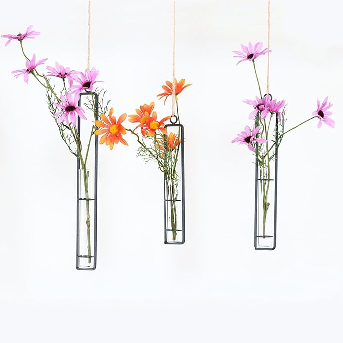 Aoderun Hanging Glass Planter Water Iron Art Hydroponic Vase Transparent Test Tube Flower Hanging Bottle Home Decoration (3pcs-S,M,L) Aoderun
