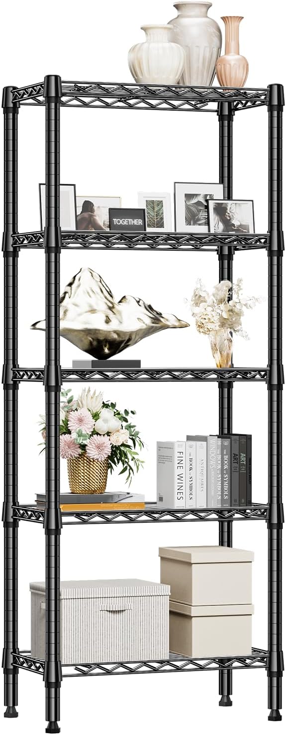 1250 lbs 5 Tier Shelf Metal Storage Shelves Wire Rack Closet Organizers for Garage Kitchen Bathroom Laundry Black 11.8" D x 23.6" W x 59.5" H MEIGAOPLASTICANDMETALHKCOLIMITED