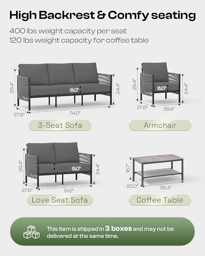 Aluminum Outdoor Patio Furniture Set with Dual-Layer Coffee Table, 4 Piece Modern Patio Conversation Sets with PE Rope, Outdoor Sectional Sofa with Thick Cushions for Balcony, Porch, Charcoal Oasbira