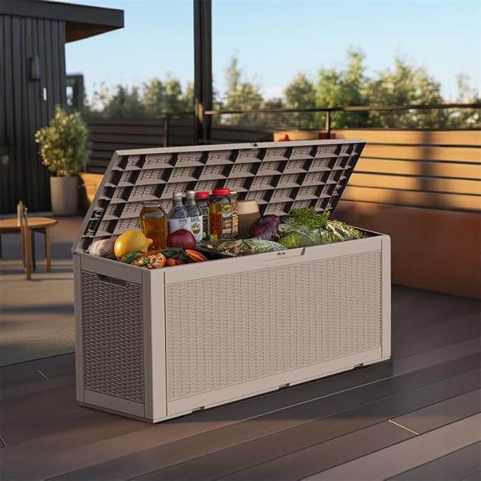 120 Gallon Outdoor Deck Box, Lockable Waterproof Outdoor Storage Boxes For Garden Tools,Indoor Cushions,Accessories Outside Storage Resin Weatherproof Container(Grey) MAIUSCOLI